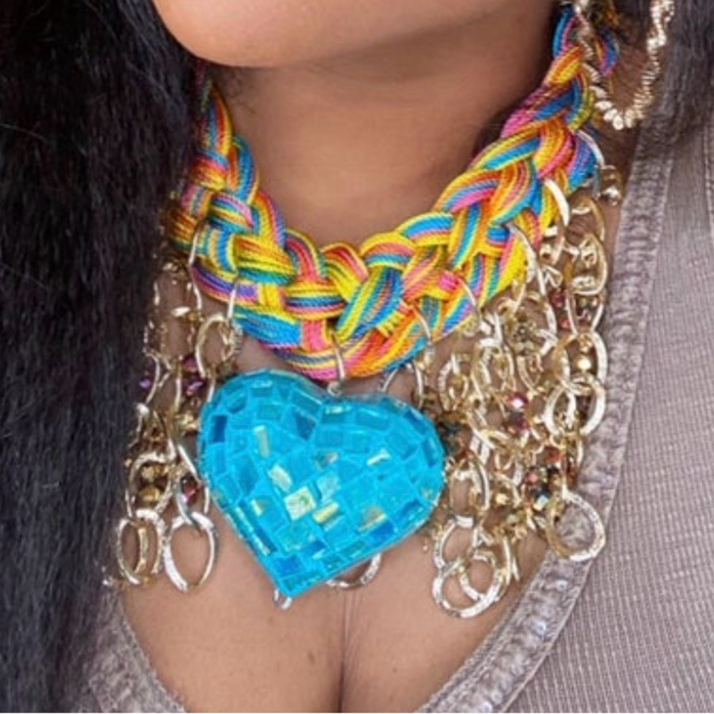 Braided Rainbow Love Statement Necklace with Gold Tone Accents-NWT!!